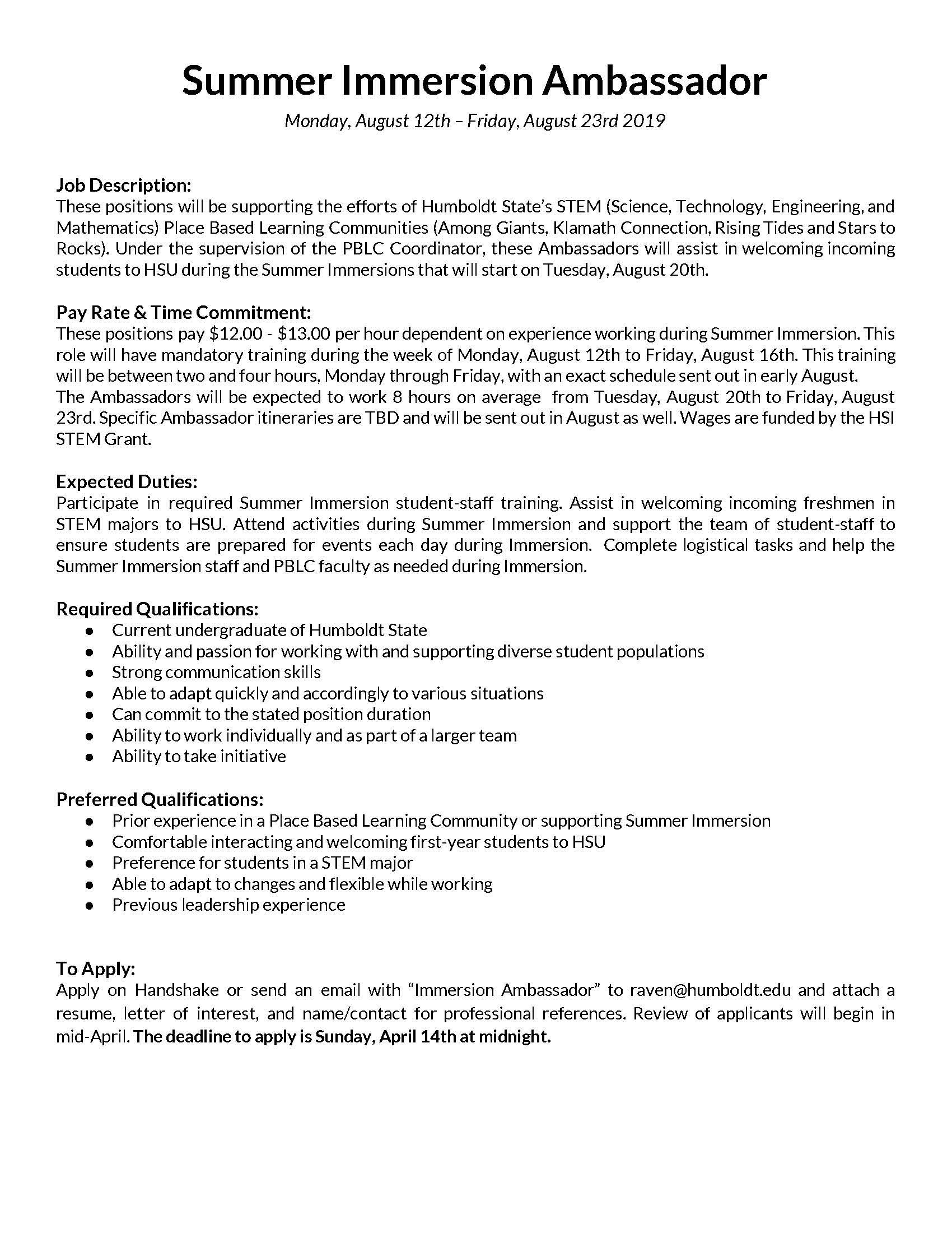 Summer Immersion Ambassador Job Description