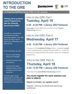 GRE Workshop on April 18 in the Library Fishbowl